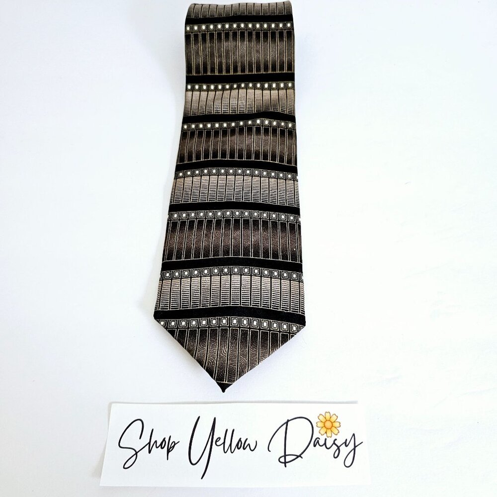 Vintage Bergamo New York‎ Silk Tie Geometric Bronze Black X-Long Dark Academia